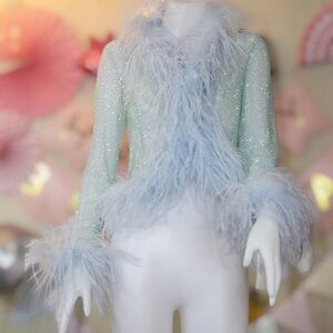 Beautiful NADINE MERABI Sparkling Feather-Trim Blazer in Soft Blue